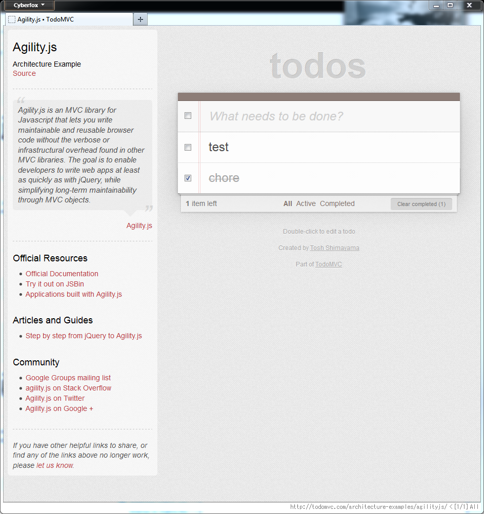 screenshot of TodoMVC webpage